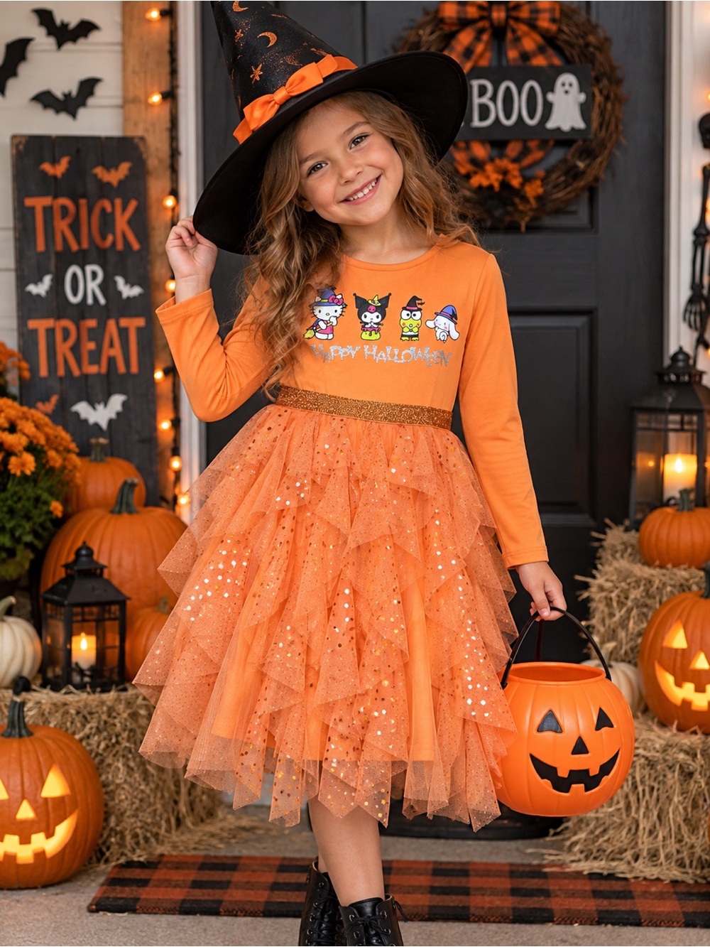 Hello Kitty Orange Halloween Tulle Dress with Glitter Waist